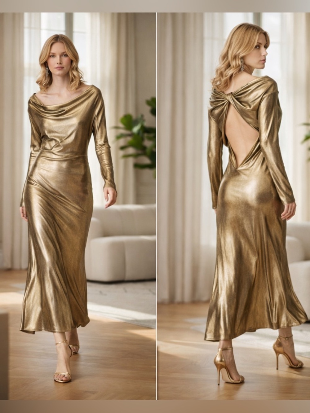 NWT Zara Limited Edition Lamé Gold Sheath Maxi Dress with Cowl Neck Size M